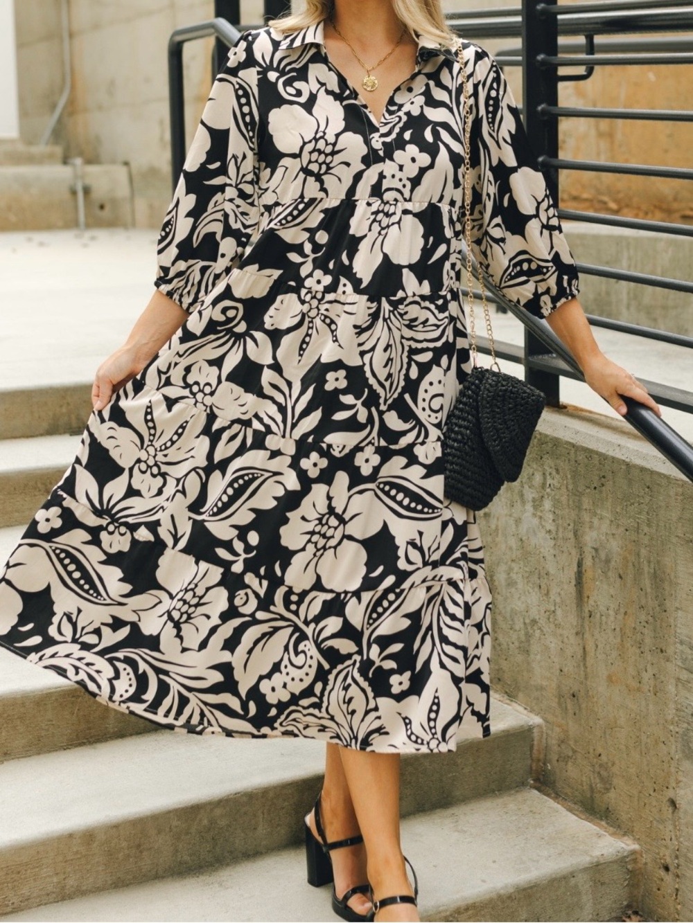 Umgee Black Floral Midi Bettina Dress from Lizard Thicket Boutique
